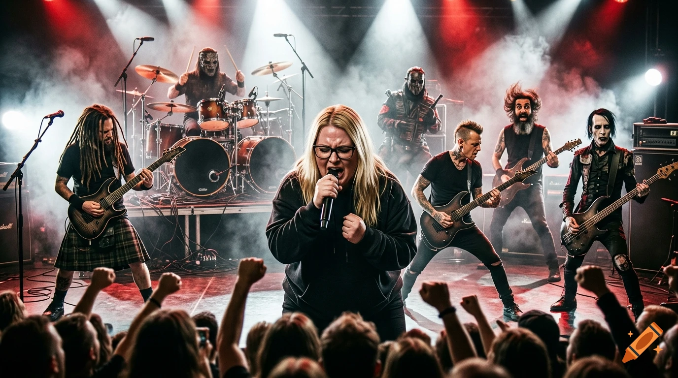 Photorealistic image of a metal band performing live on stage with a female lead singer and crowd cheering in the foreground.