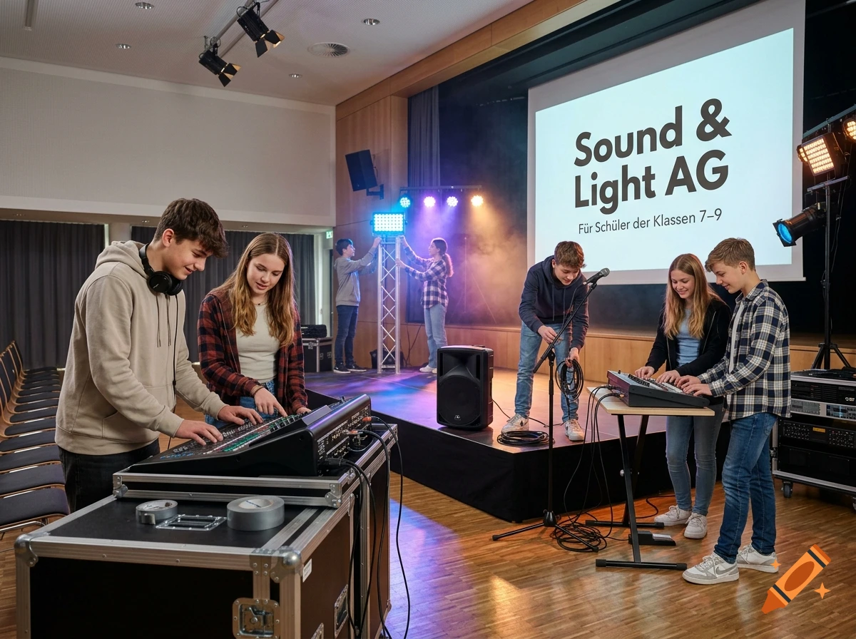 Students learning sound and lighting production in a school auditorium with a screen showing 'Sound & Light AG'.
