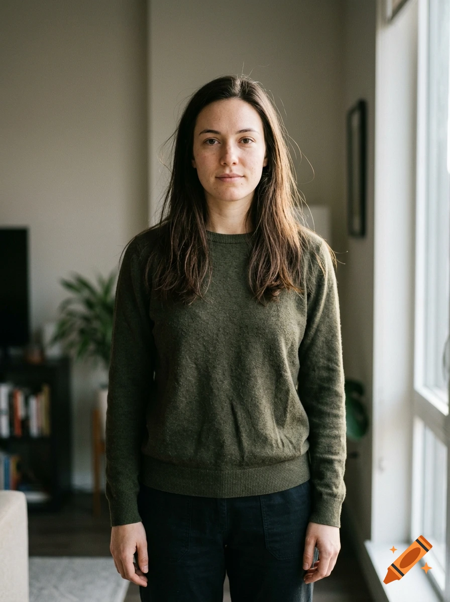 A portrait of a woman with long brown hair standing indoors, wearing a green crewneck sweater and dark trousers.