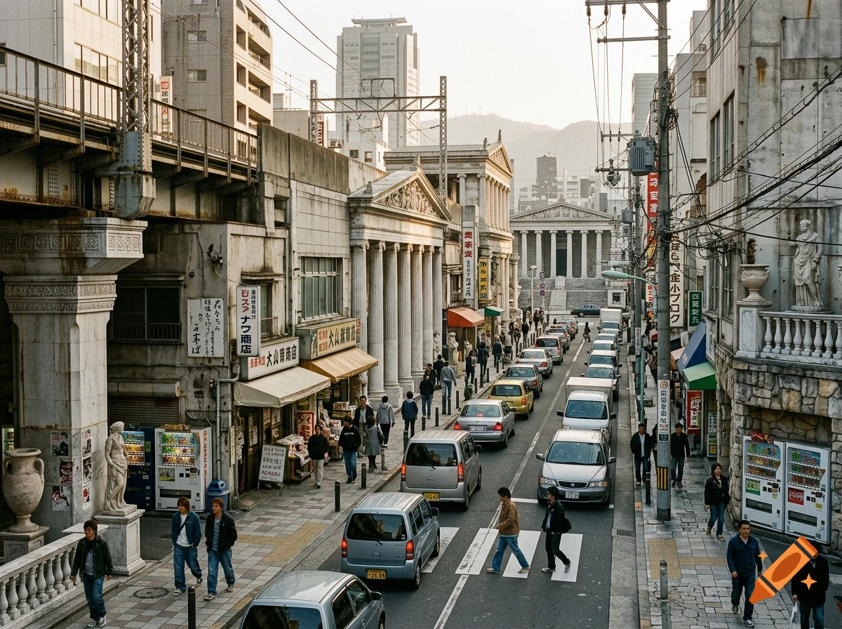 A bustling Japanese city street lined with classical European-style architecture, shops, and pedestrians walking along sidewalks.