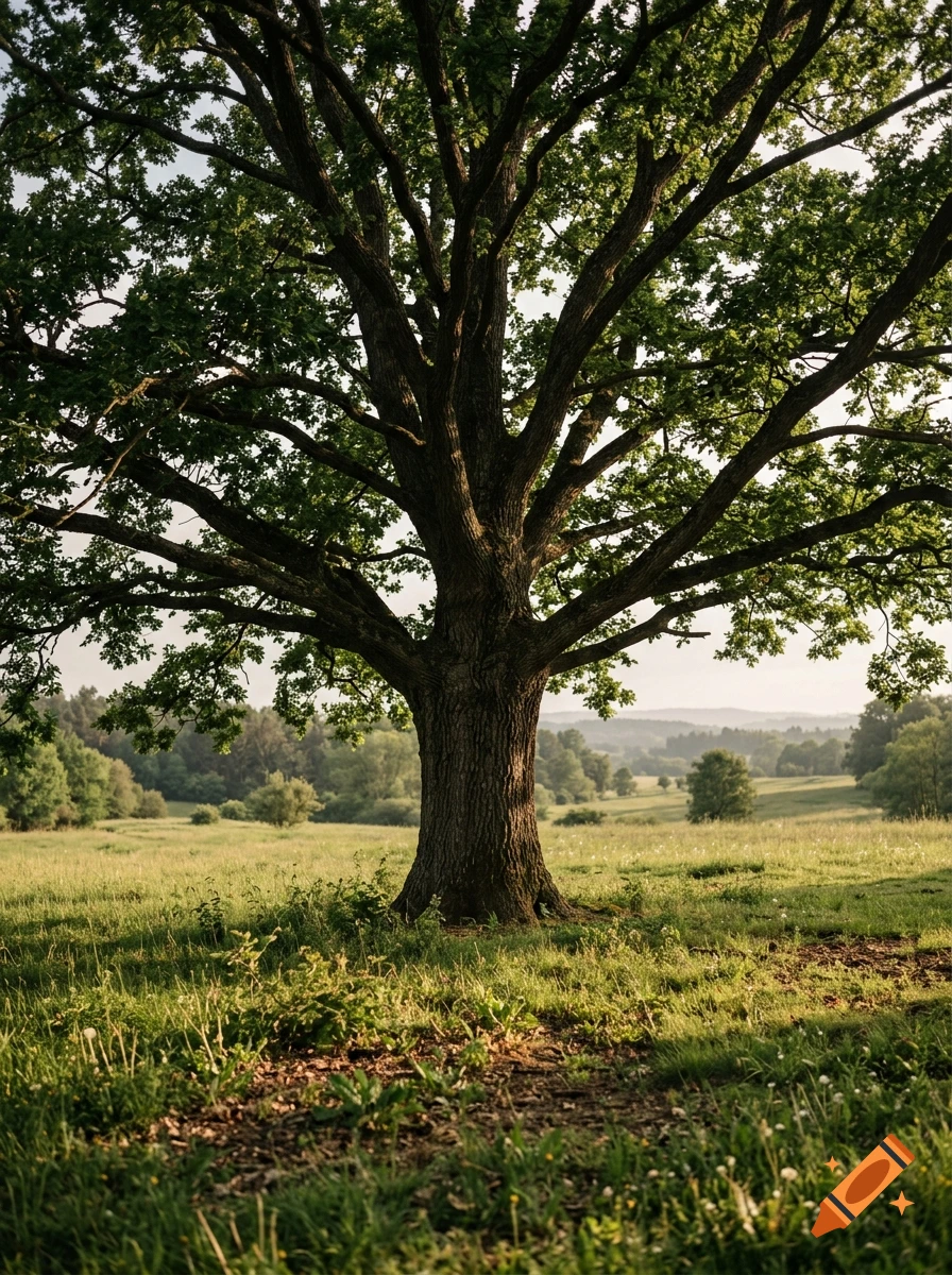 Photorealistic landscape of a large, mature oak tree standing in a green meadow with rolling hills in the background during daylight.