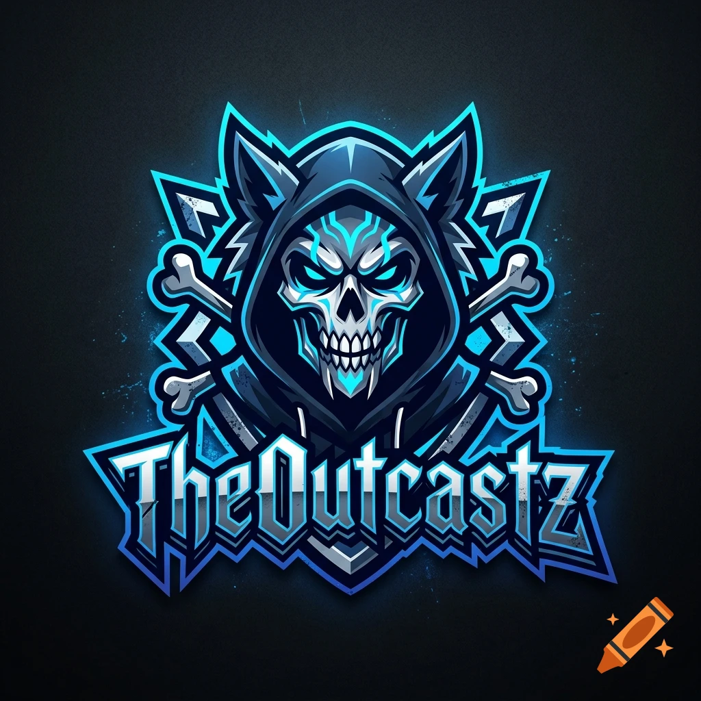 Esports gaming logo featuring a skull in a blue hooded wolf cloak with crossed bones and the text TheOutcastz.
