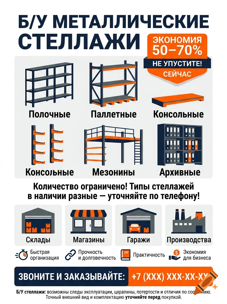 Informational flyer in Russian advertising used metal shelving units with icons and contact information.