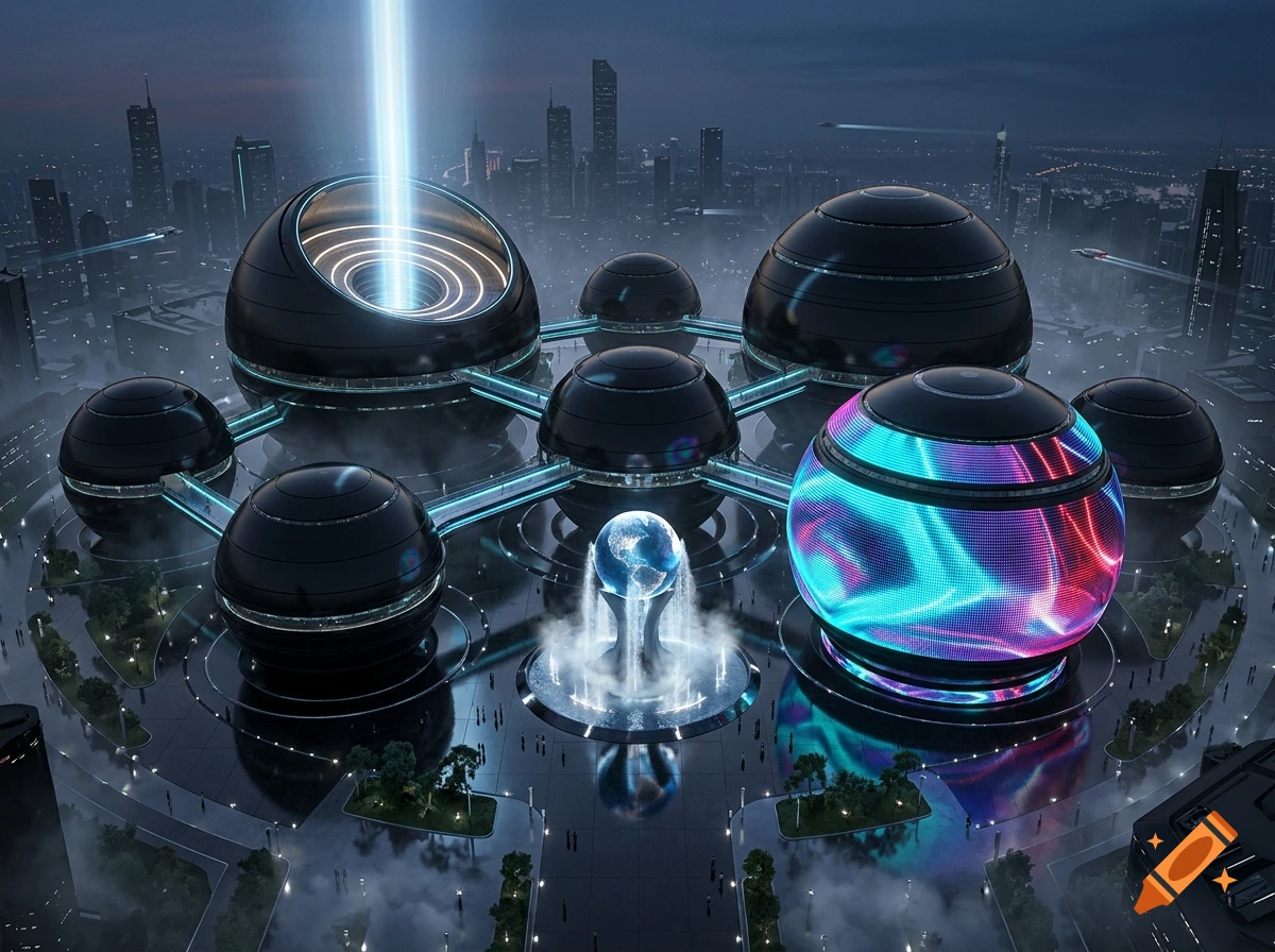 A futuristic city with interconnected black spherical buildings, a central water fountain with a globe, and an observatory with a lightbeam.