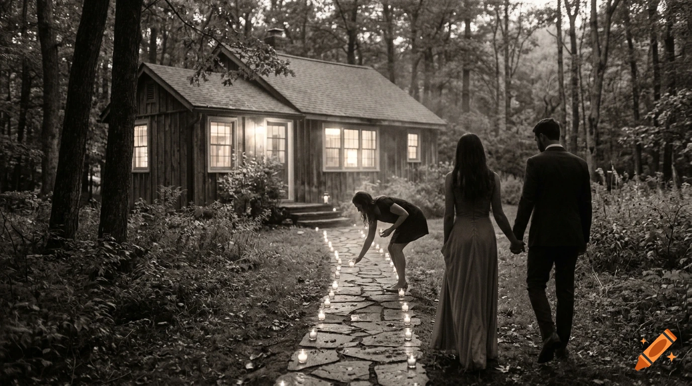 Warm grayscale twilight photo of a couple walking toward a rustic wooden cottage on a candle-lit stone path.