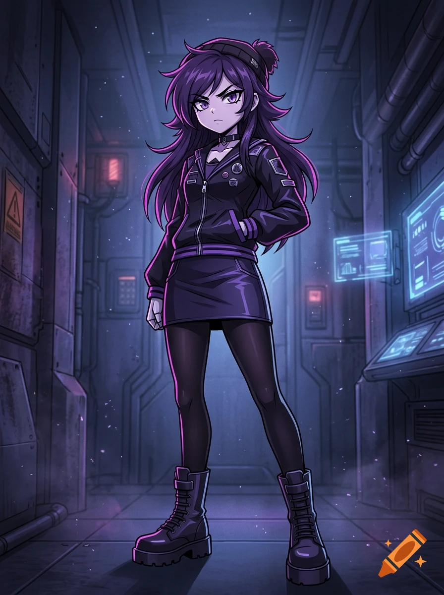 An anime-style digital illustration of a purple-haired girl in a dark cyberpunk corridor, wearing a jacket and boots.