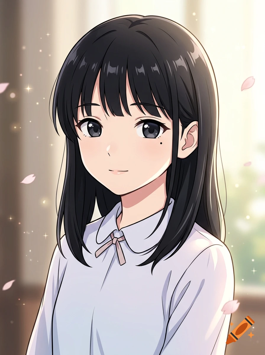 An anime-style digital illustration portrait of a young woman with dark hair and a light-colored collared shirt, surrounded by softly glowing bokeh and floating petals.