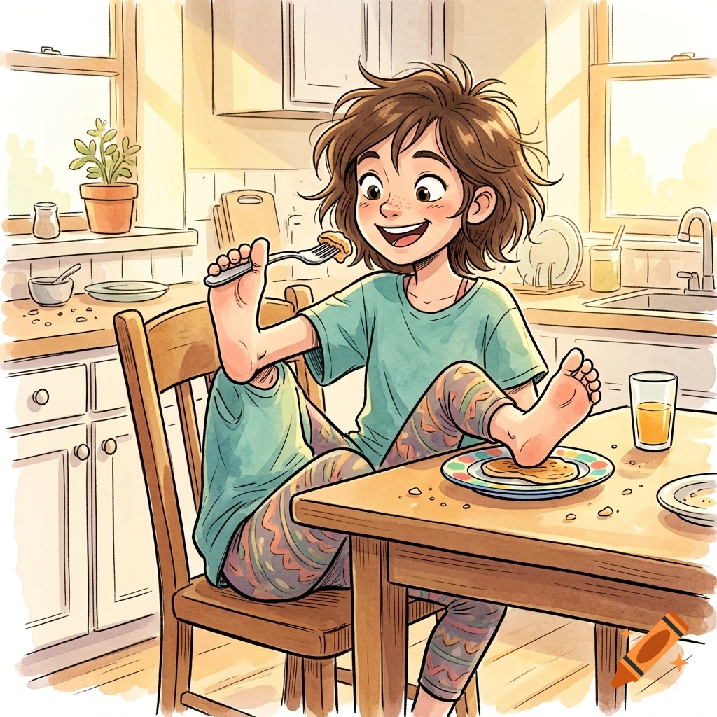 Watercolor style illustration of a smiling teenager eating breakfast with her feet in a cozy kitchen.
