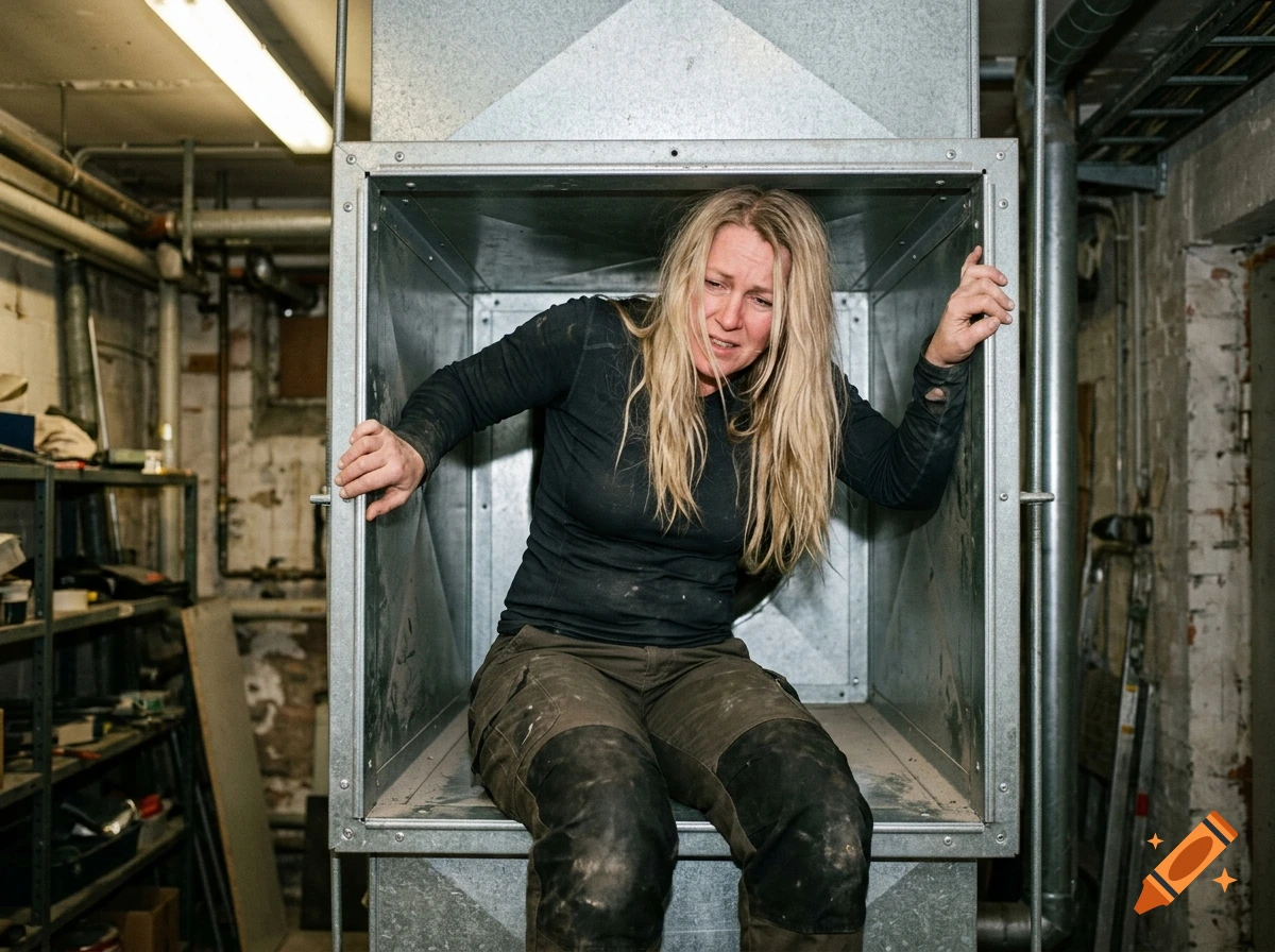 Photorealistic image of a blonde woman struggling to get out of a metal ventilation shaft in a cluttered basement.