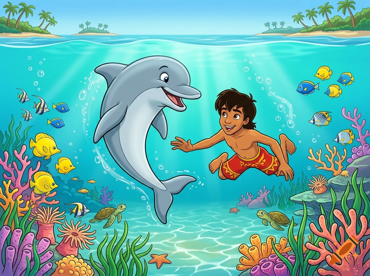 Animated cartoon illustration of a boy swimming underwater with a friendly dolphin, surrounded by colorful fish and coral.