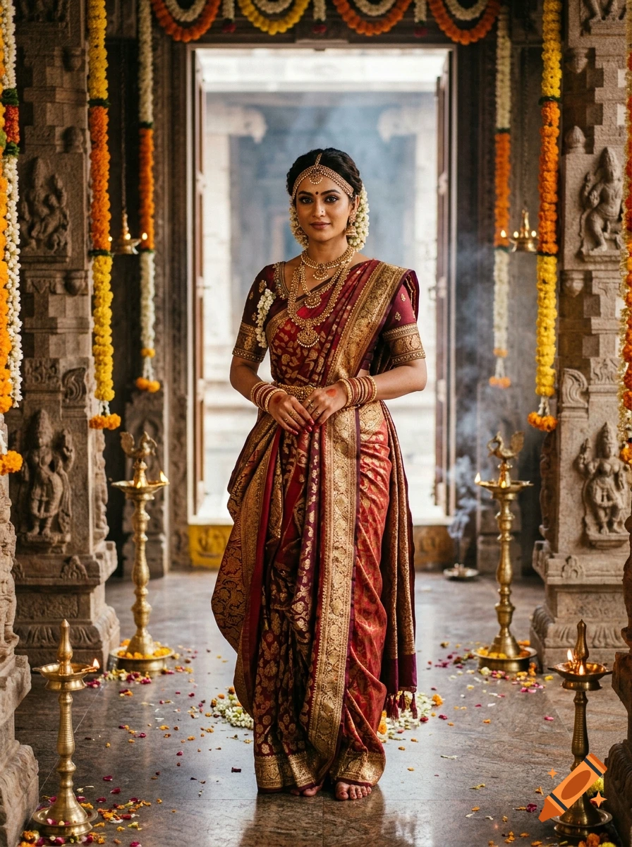 Photorealistic full-body portrait of a South Asian woman in traditional red and gold silk saree inside an ornate temple.
