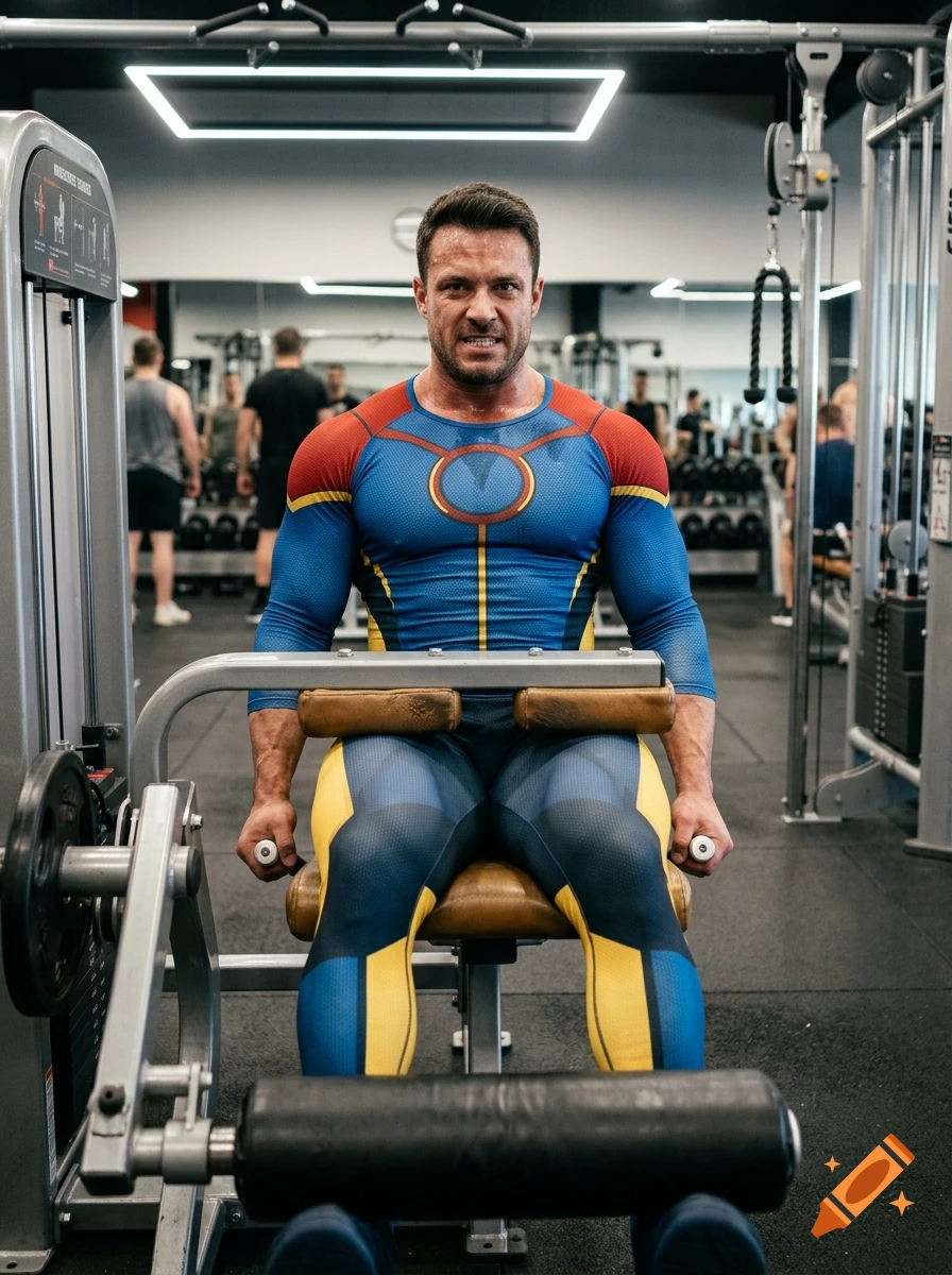 A man dressed in a blue and yellow superhero suit using a leg extension machine in a gym.