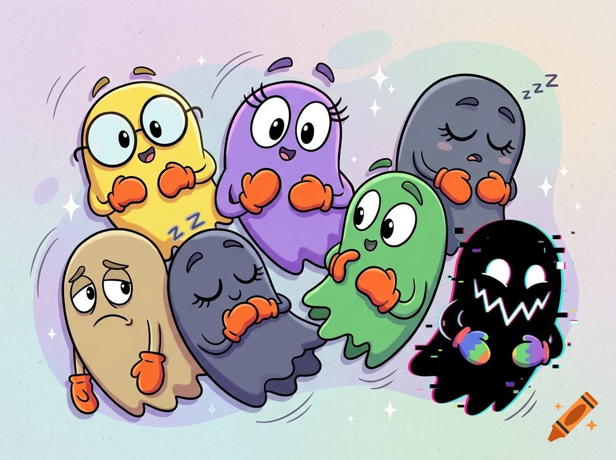 2D digital illustration of six colorful cartoon ghosts with expressive faces and orange mittens, including a sleeping gray one and a glitched black one.