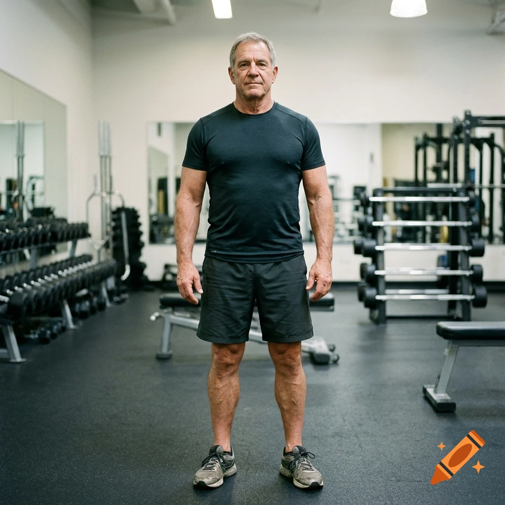 Photorealistic full-body shot of a 66-year-old man standing in a gym with weights and equipment in the background.