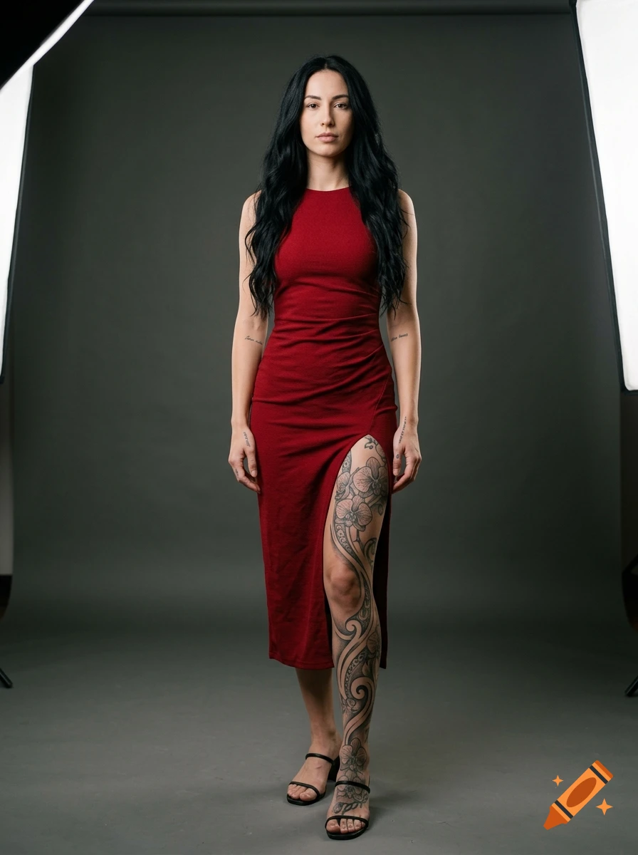 A full-length portrait of a woman with long black hair, wearing a sleeveless red midi dress with a high slit, posing against a dark background in a studio.