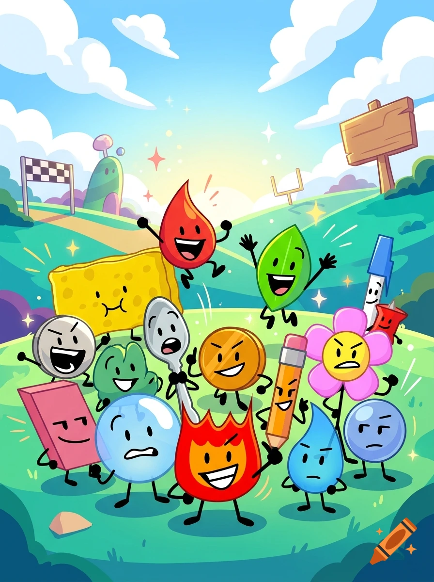 An outdoor cartoon illustration featuring a group of animated, anthropomorphic everyday objects with faces on a grassy field under a sunny sky.