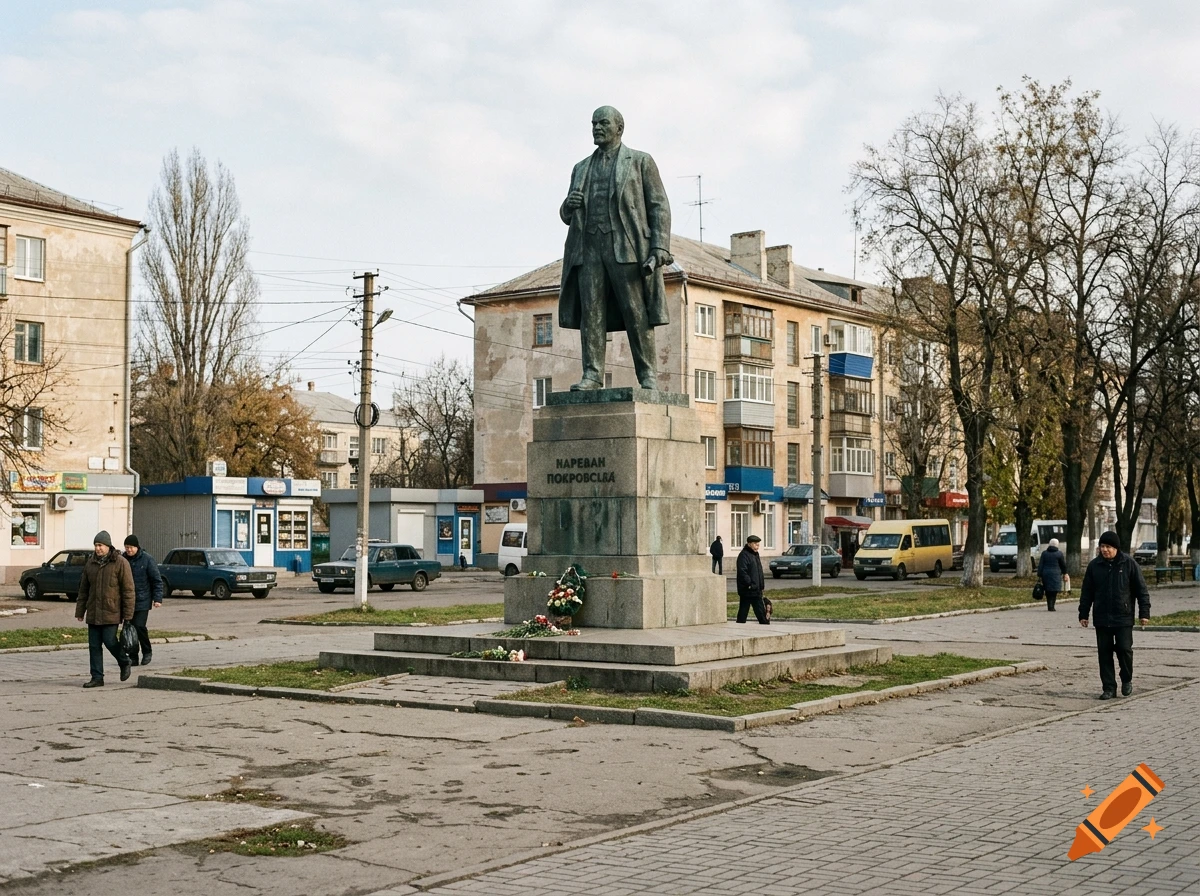 Photorealistic urban street view featuring a large statue on a pedestal in the center, surrounded by buildings and pedestrians.