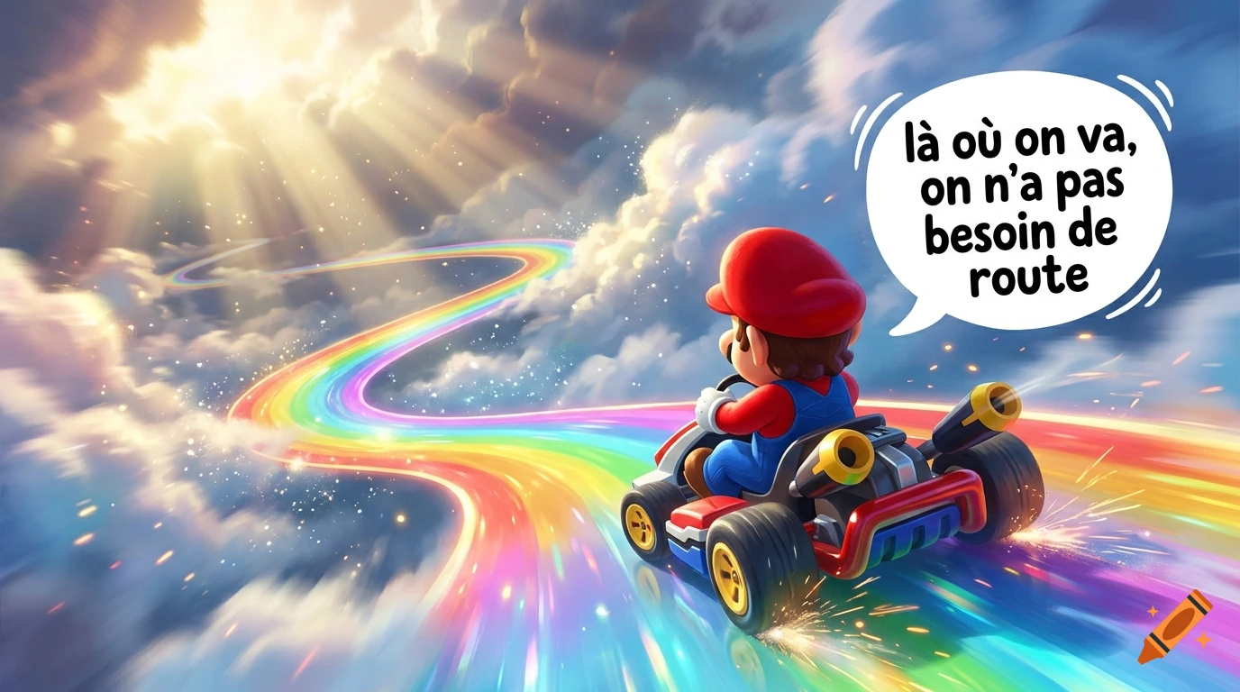 Mario driving a kart on a glowing rainbow road in the clouds with a speech bubble in French.