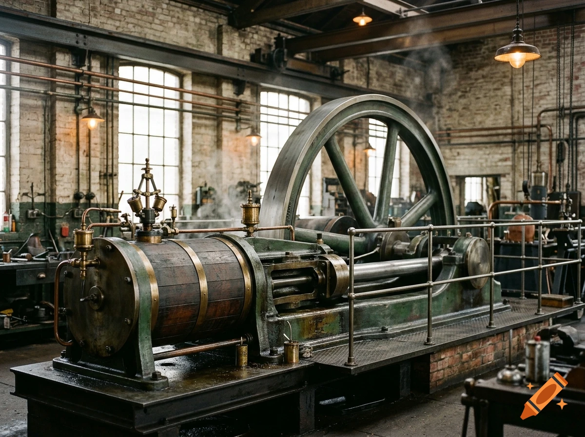 Photorealistic image of a large, antique horizontal steam engine inside an industrial workshop with brick walls and large windows.