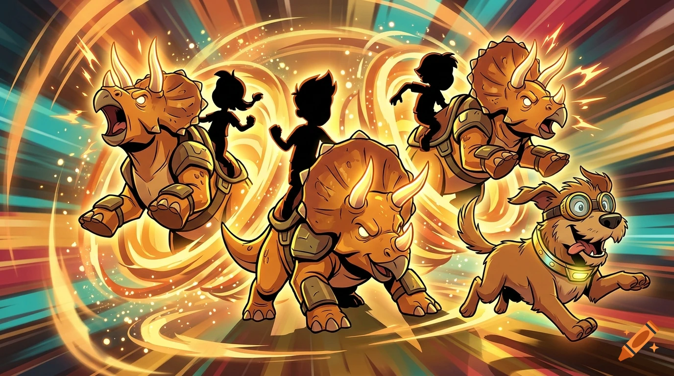 Action-packed cartoon illustration of three children riding triceratops dinosaurs alongside a dog with goggles, surrounded by glowing energy swirls.