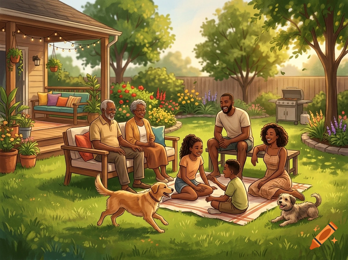 An illustrated drawing of an African American family with two dogs enjoying a sunny afternoon in their backyard.