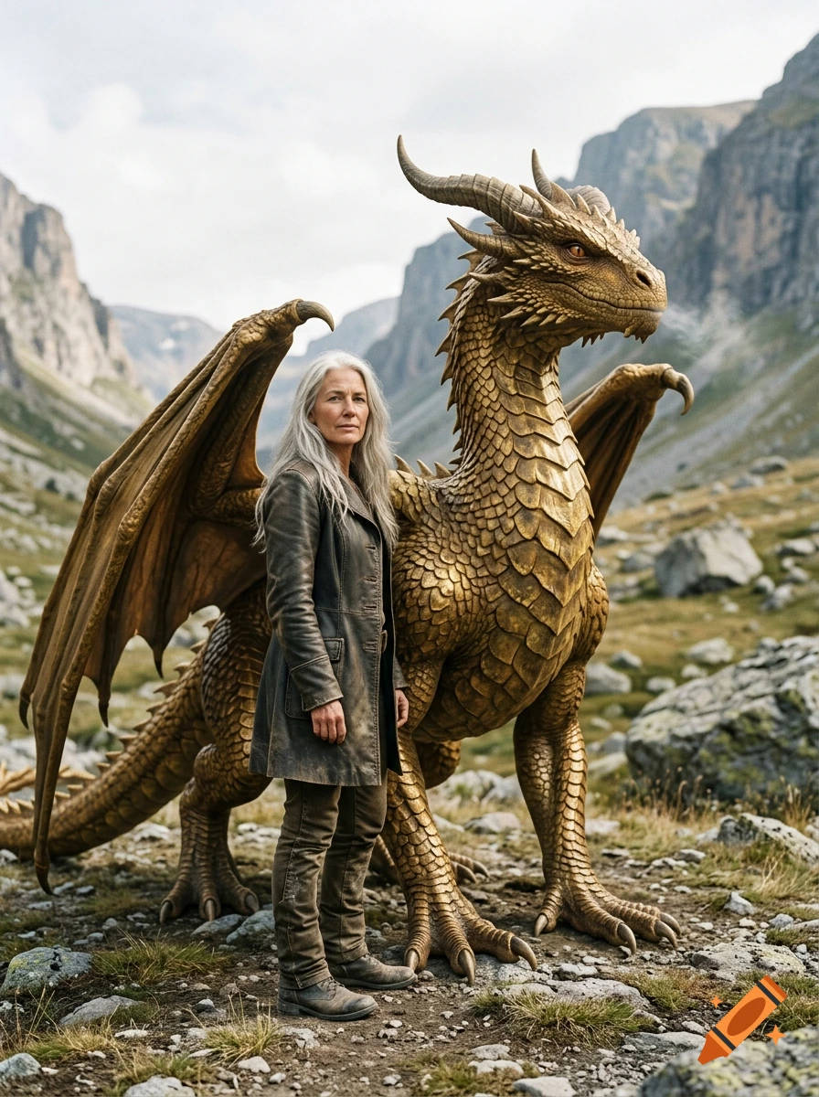 Photorealistic image of a white-haired woman standing beside a large golden dragon in a mountainous valley.
