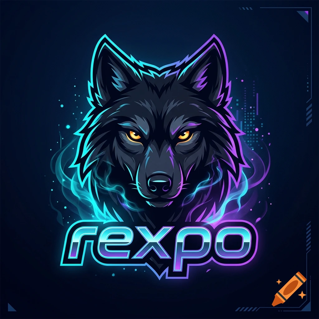 Esports gaming logo featuring a fierce wolf head with glowing blue and purple neon outlines and the text rexpo below.