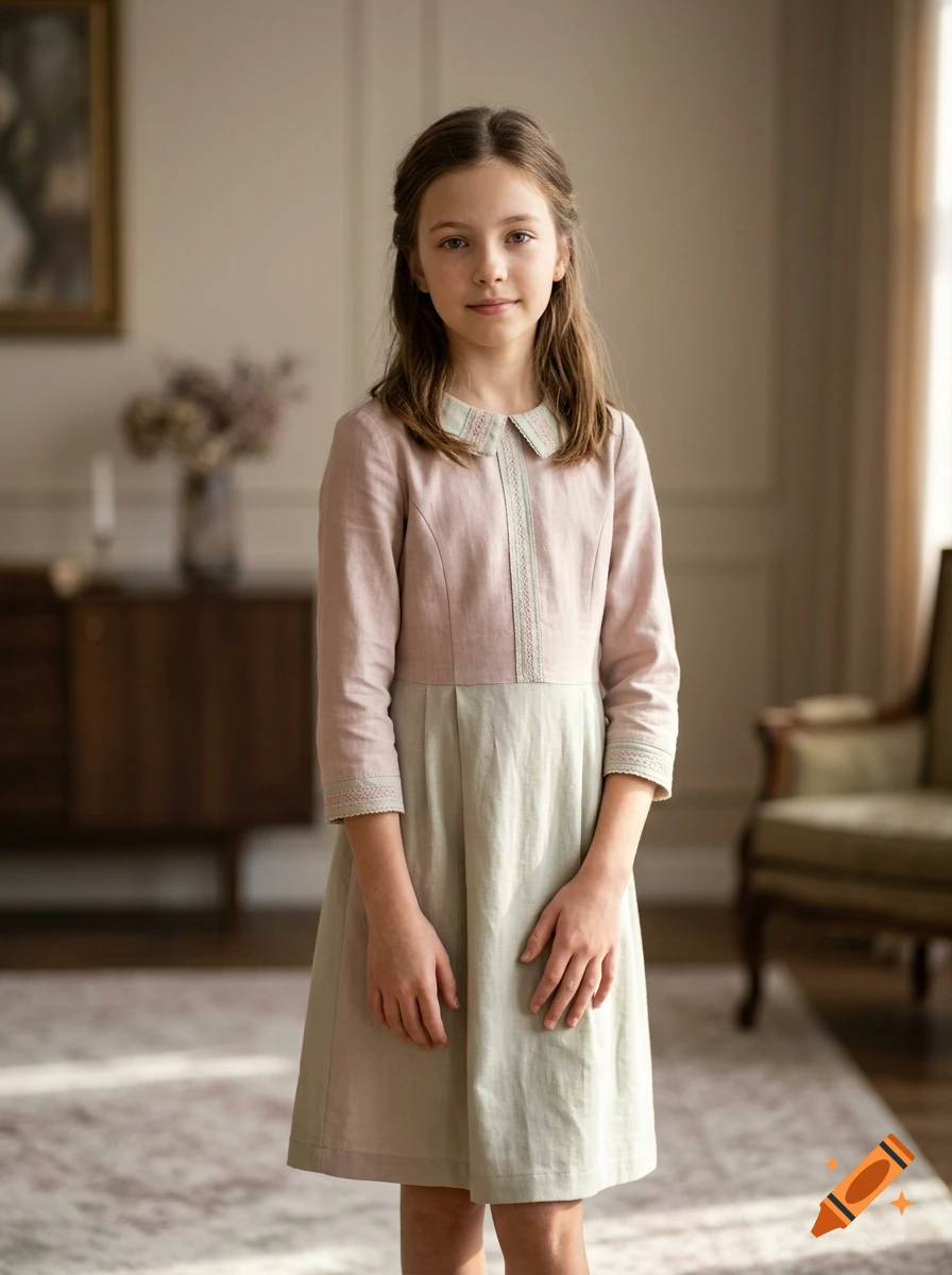 Photorealistic portrait of an elegant young girl standing indoors, wearing a pink and light green dress.
