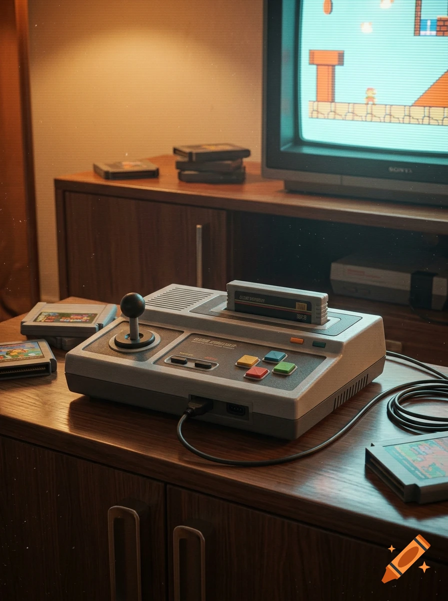Photorealistic image of a vintage video game console with a joystick and cartridges on a wooden cabinet, with an old TV in the background.