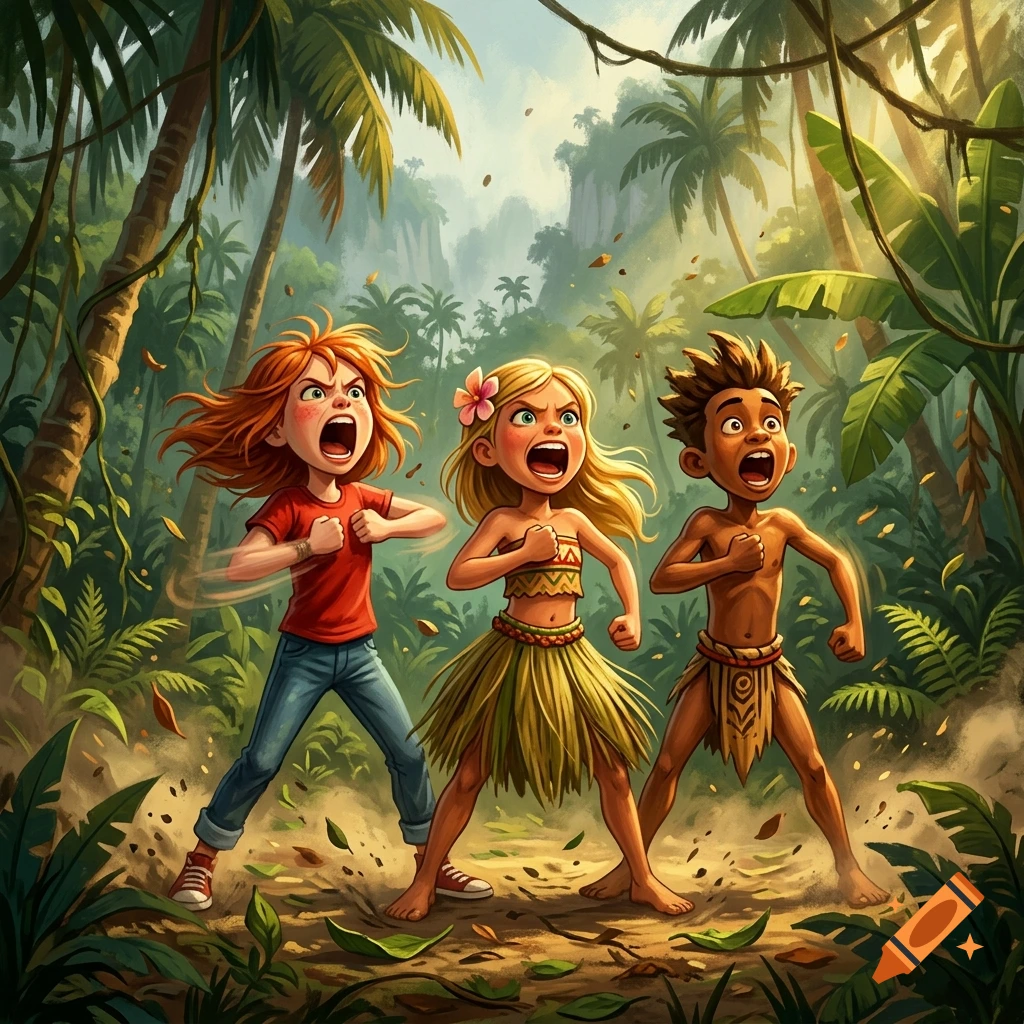 Cartoon illustration of three children in a jungle aggressively beating their chests and yelling.