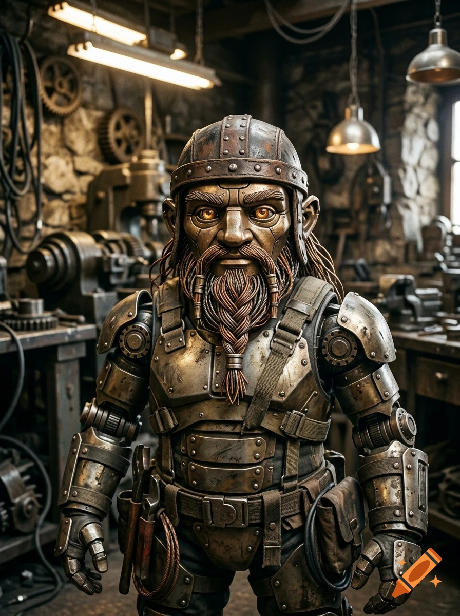 Photorealistic portrait of a female robotic dwarf in a metal helmet and armor standing in a workshop.