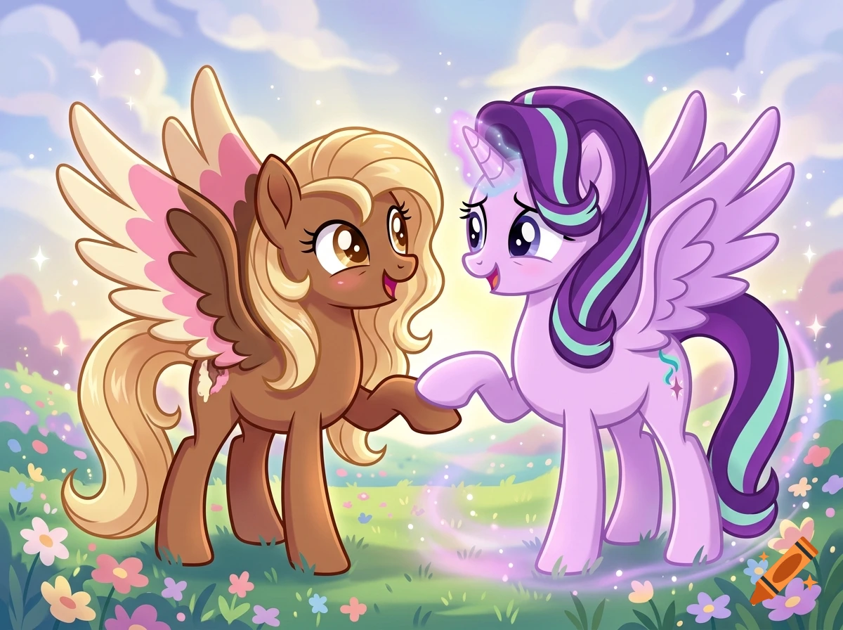 Digital illustration of two colorful ponies in a grassy field holding hooves in My Little Pony style.