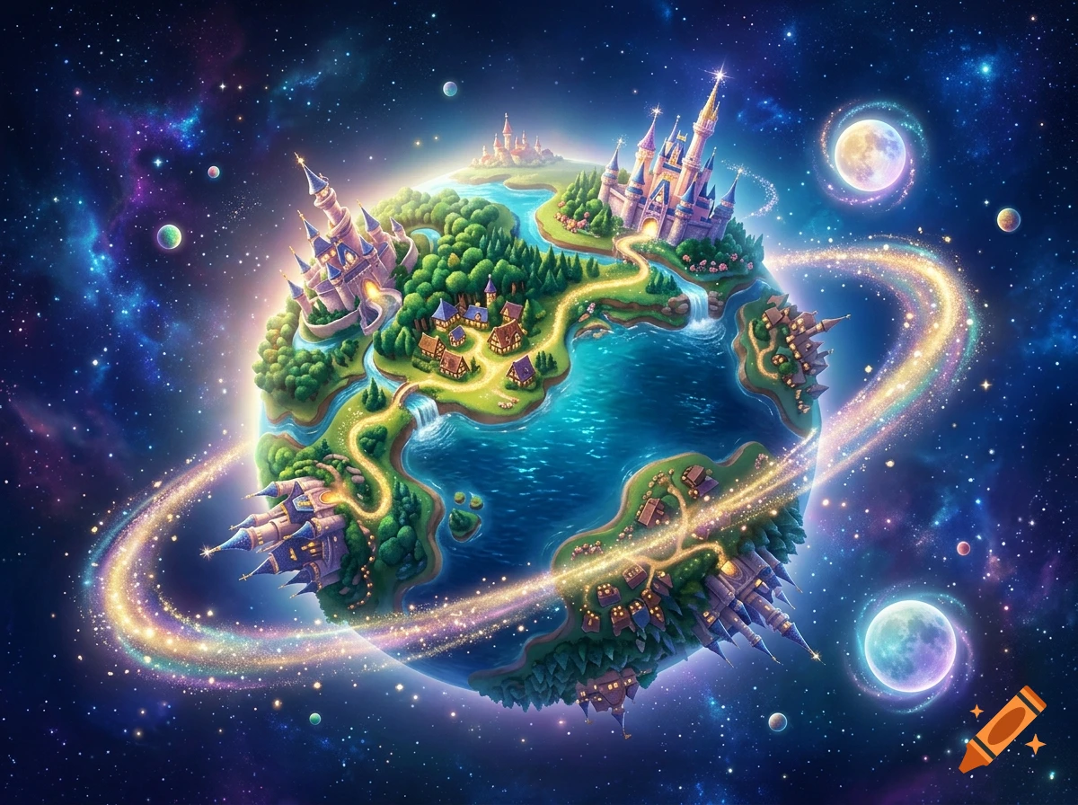 A fantasy planet in outer space featuring fairytale castles, lush green forests, glowing rings, and starry backgrounds.