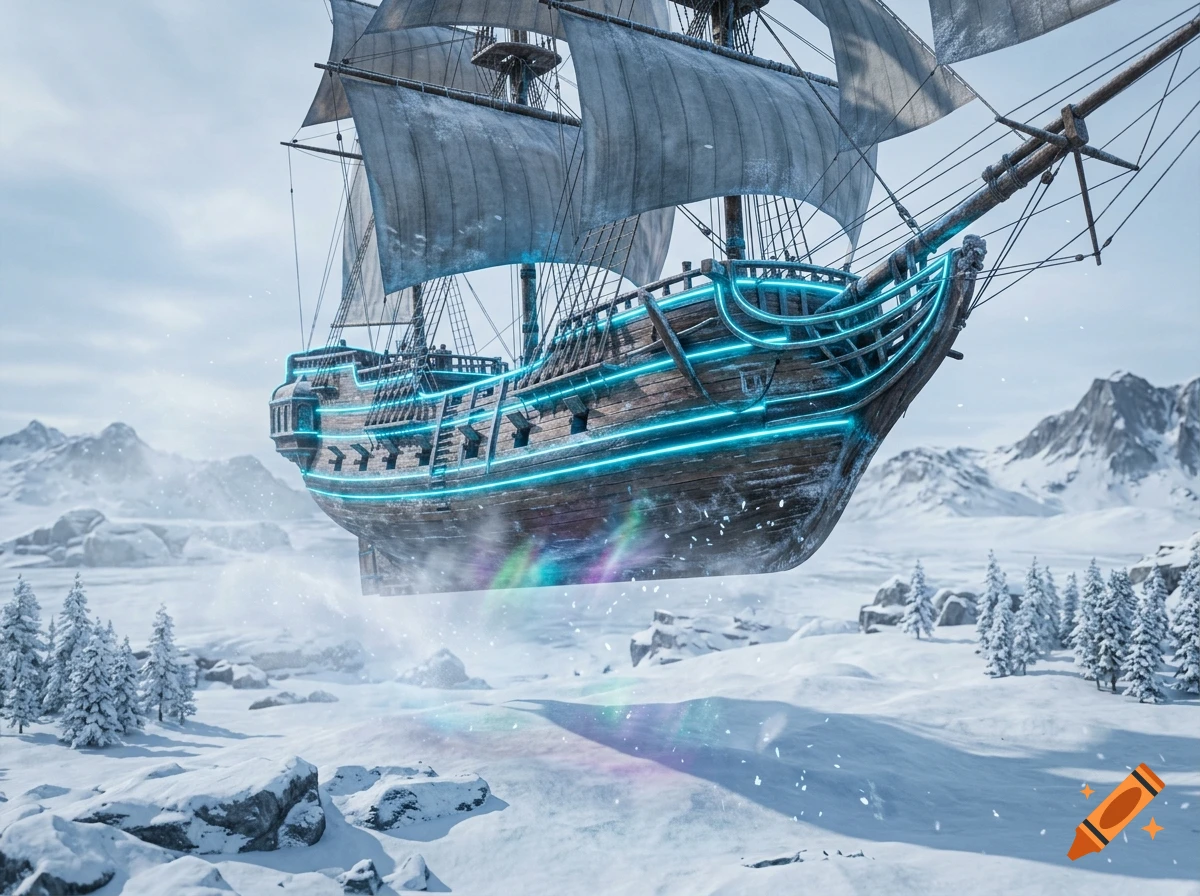 A photorealistic flying wooden sailing ship with glowing neon blue trim hovers above a snowy mountain landscape.