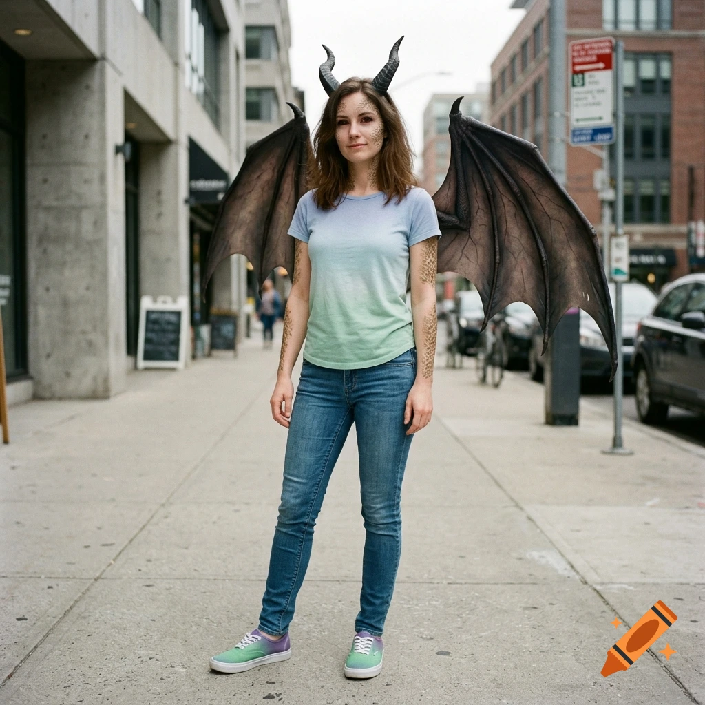 A woman wearing dragon horns and wings stands on a city street.