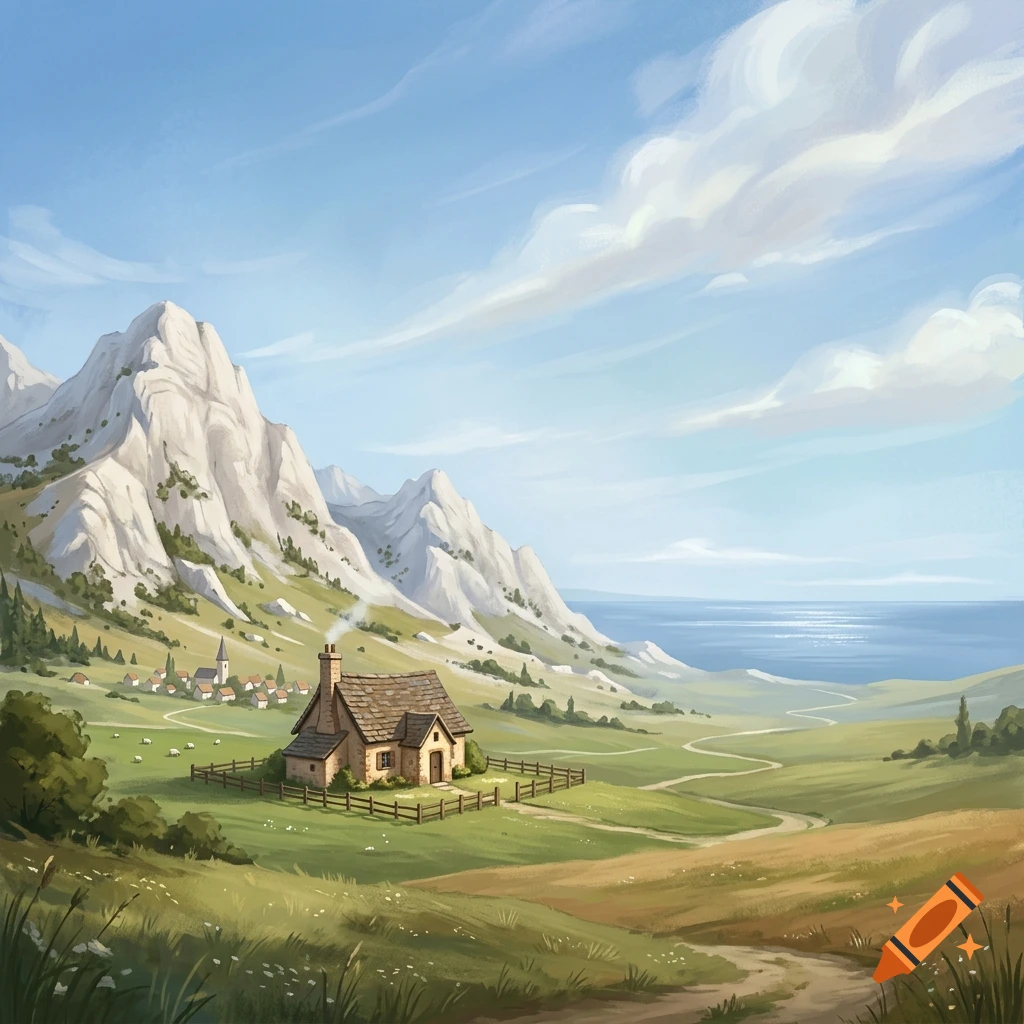A digital painting depicting a cozy cottage in a green valley near a mountain range and the ocean under a blue sky with clouds.