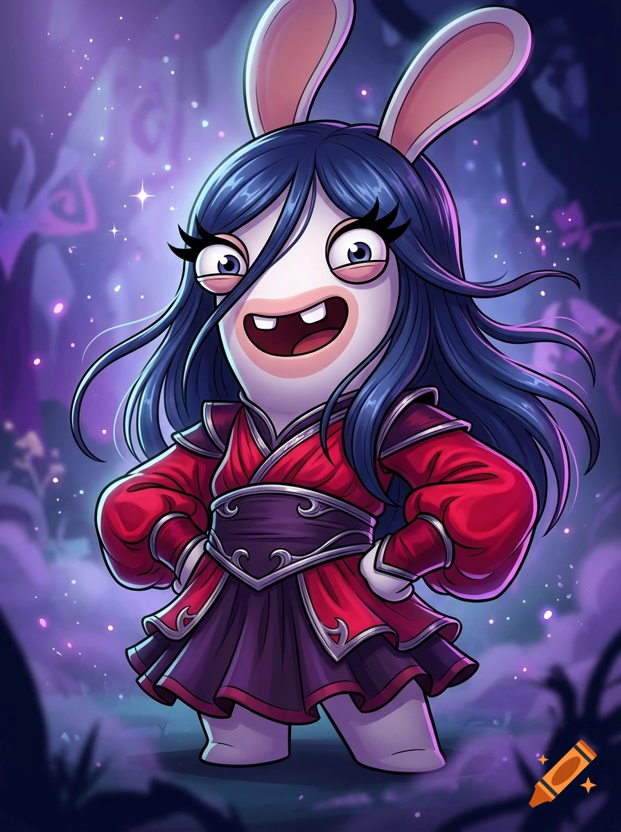 Digital illustration of a Rabbid with long dark blue hair, black eyelashes, and a red and dark purple outfit in a purple forest.