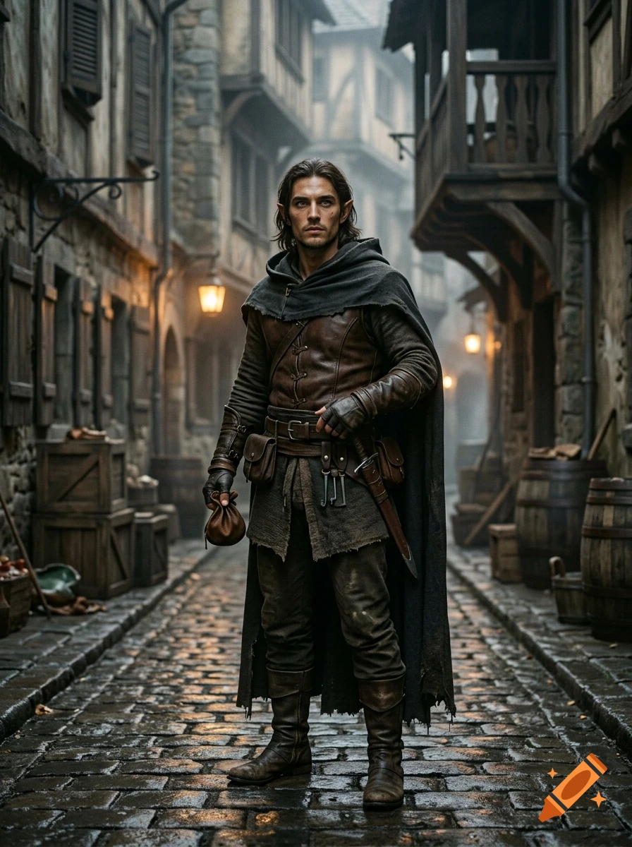 Photorealistic full-body portrait of a male half-elf thief standing in a medieval cobblestone alley, wearing leather armor and a cloak.