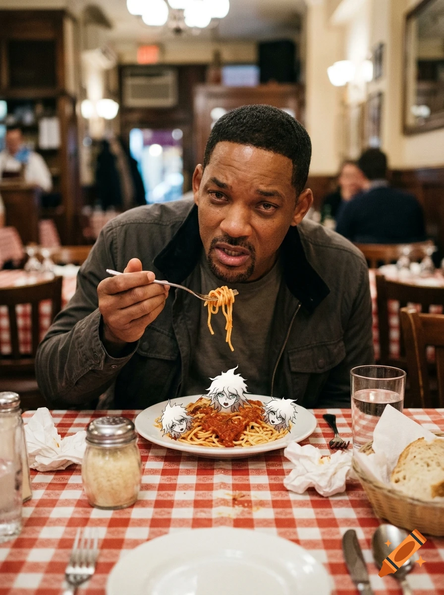 Will Smith sitting in a restaurant, holding a fork with spaghetti, with Nagito Komaeda heads replacing meatballs in his plate.