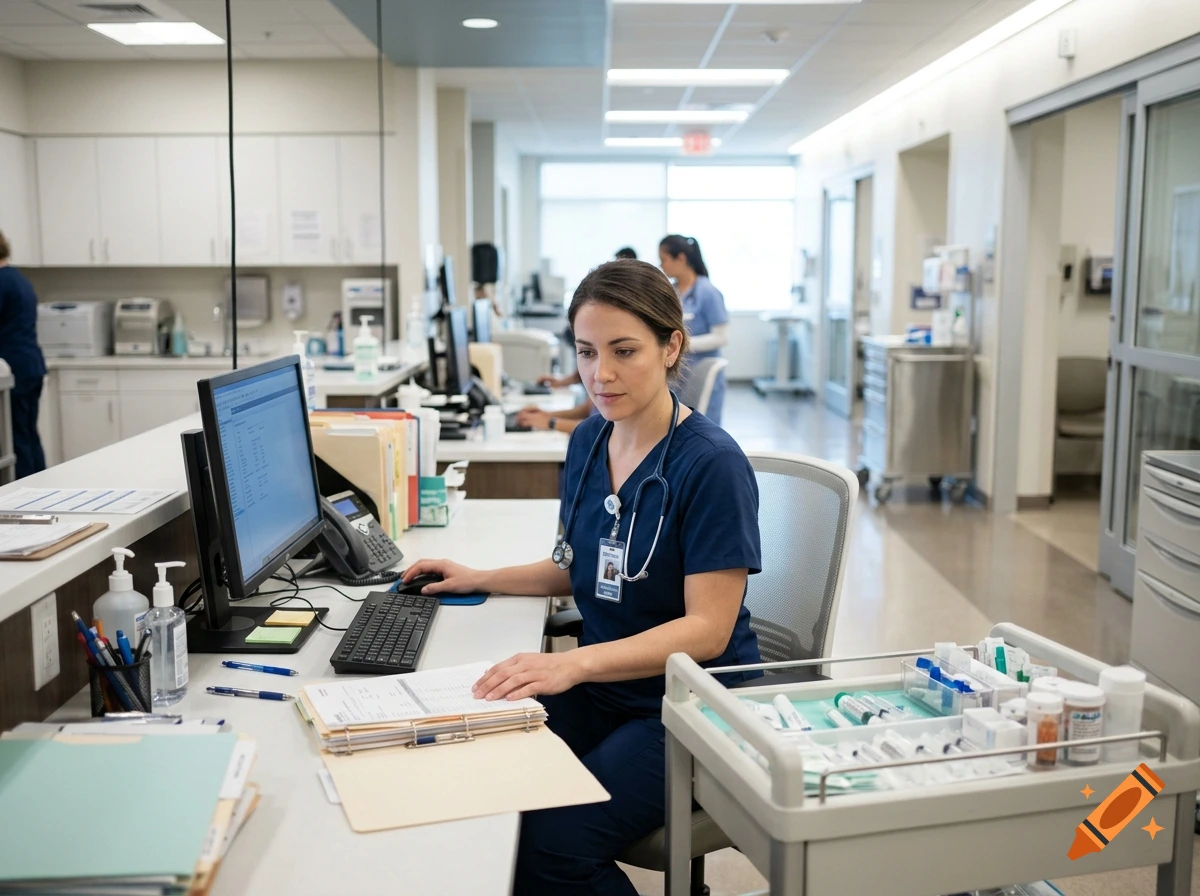 Photorealistic image of a female nurse sitting at a hospital reception desk using a computer.