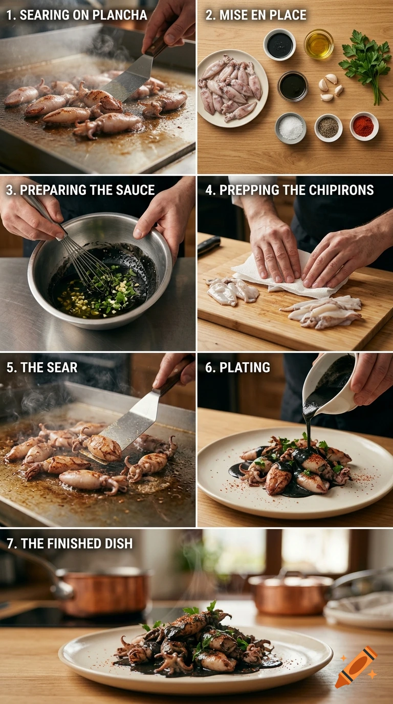 A step-by-step cooking tutorial grid showing the preparation and plating of chipirons in ink sauce, photorealistic.
