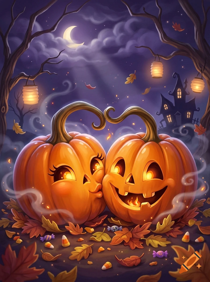 Cartoon illustration of two smiling Halloween pumpkins kissing amidst autumn leaves under a night sky with a crescent moon and spooky house.