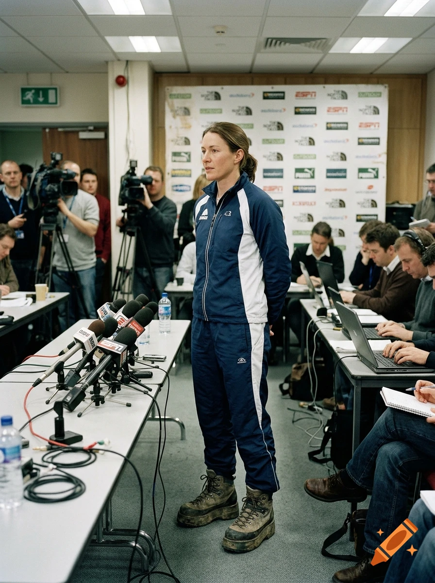 A woman in a blue and white tracksuit and hiking boots stands at a press conference facing reporters with microphones and cameras.