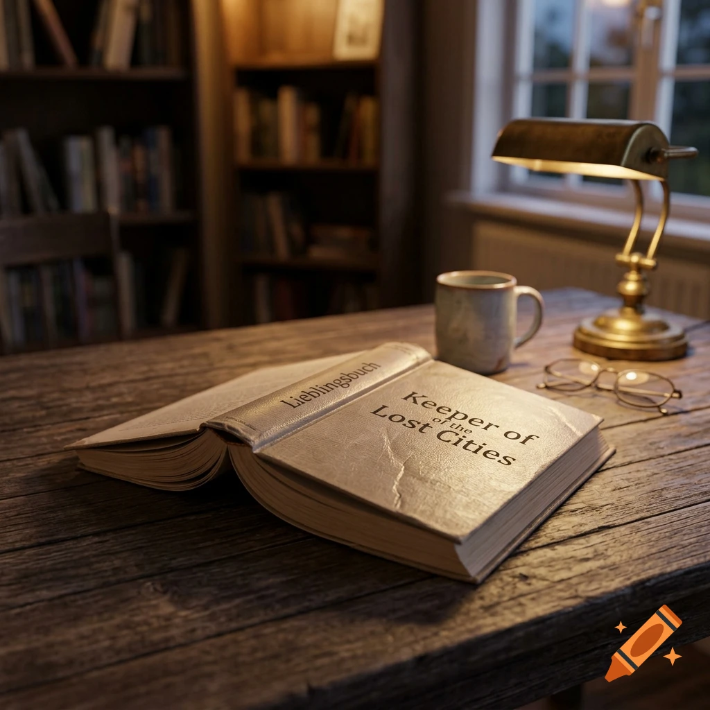 An open book titled Keeper of the Lost Cities on a wooden table next to a desk lamp, mug, and glasses.