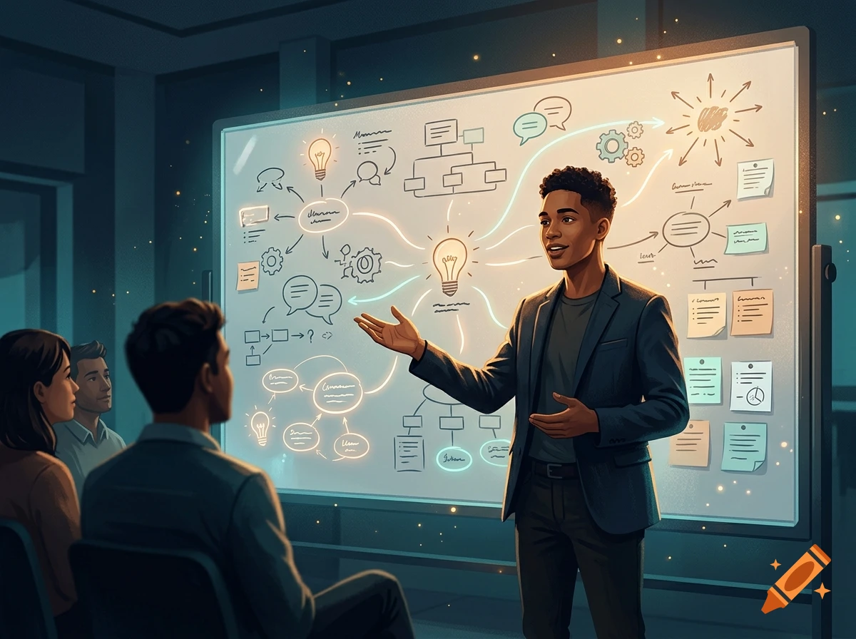 An illustrated presentation where a man in a suit explains diagrams and sticky notes on a large whiteboard to an attentive audience.