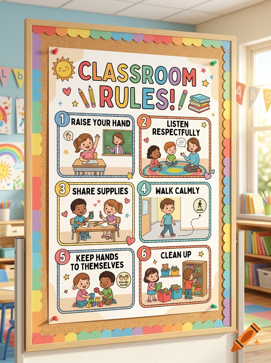 Colorful digital illustration of a classroom rules poster on a bulletin board with cartoon children demonstrating behaviors.