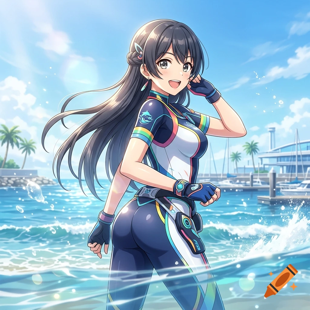 An anime-style illustration of a smiling young woman with long dark hair wearing a wetsuit, standing in shallow ocean water near a marina.