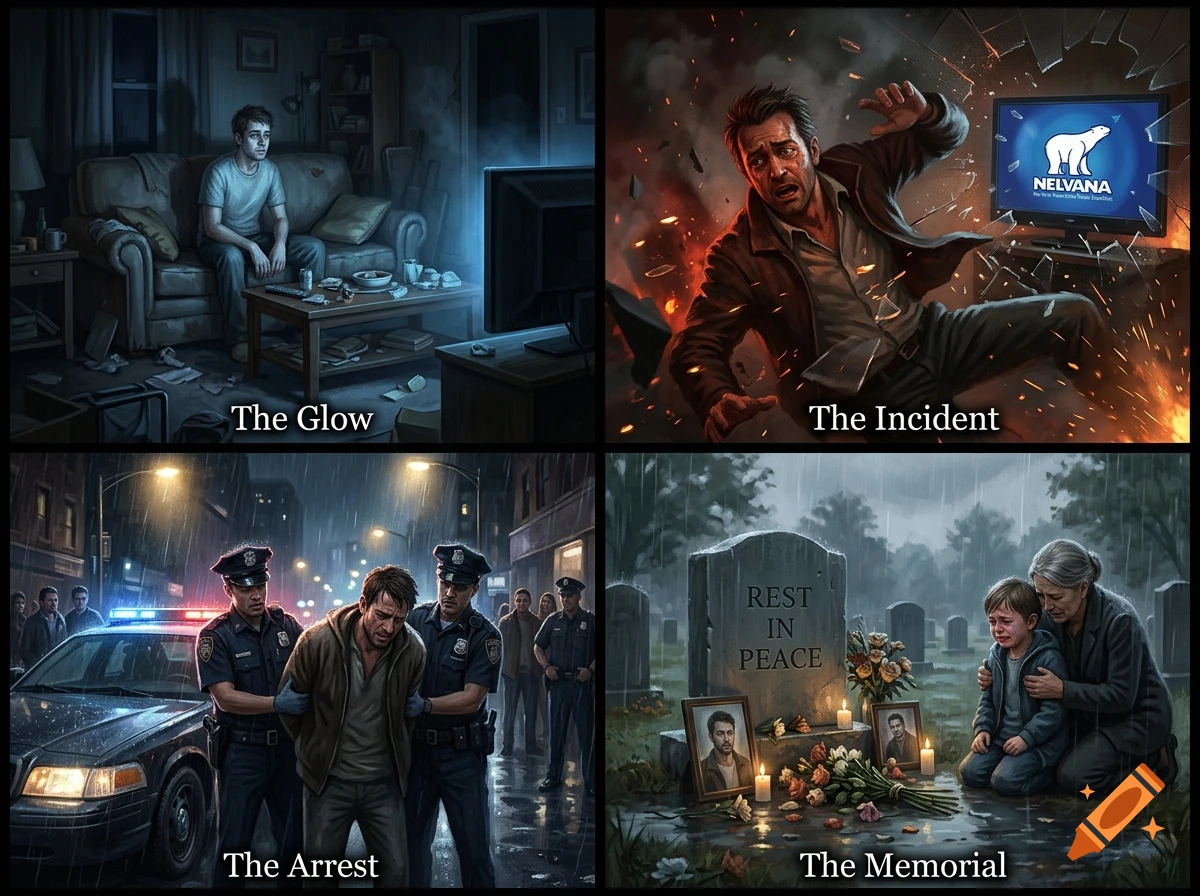 A four-panel digital illustration comic showing a man watching TV, an explosion, an arrest, and a rainy memorial graveside.