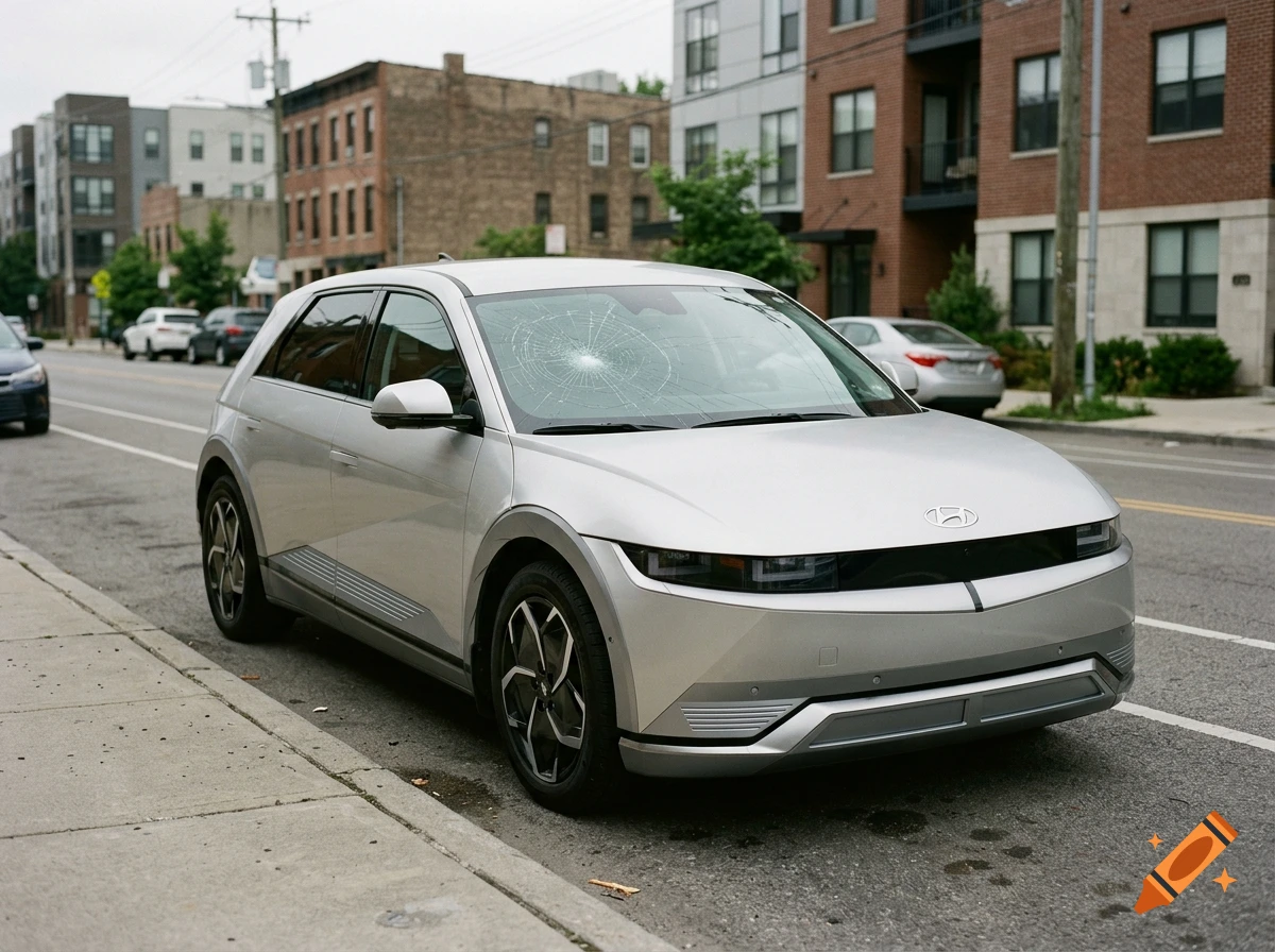 A silver Hyundai IONIQ 5 car parked on a city street, showing a prominent spiderweb crack in the windshield.