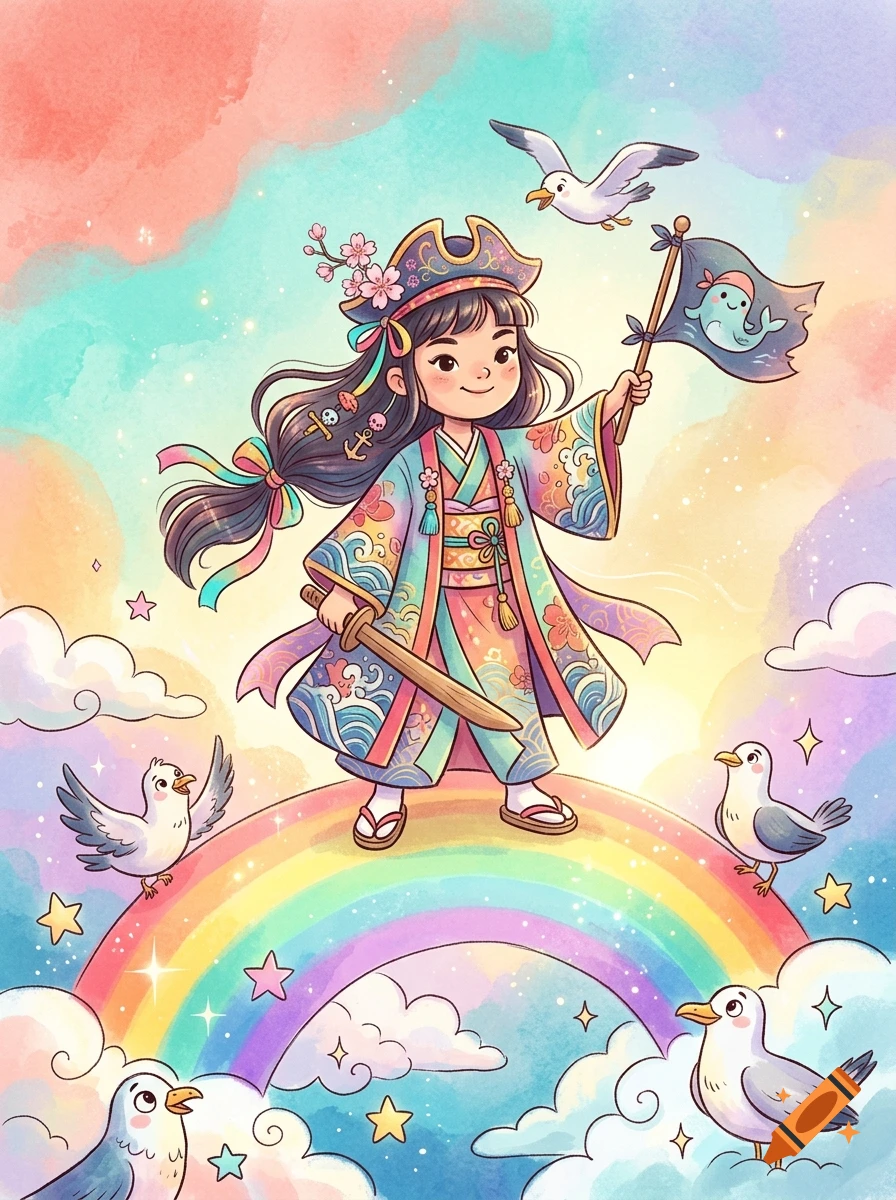 Watercolor children illustration of a smiling Japanese pirate princess standing on a colorful rainbow surrounded by clouds and birds.